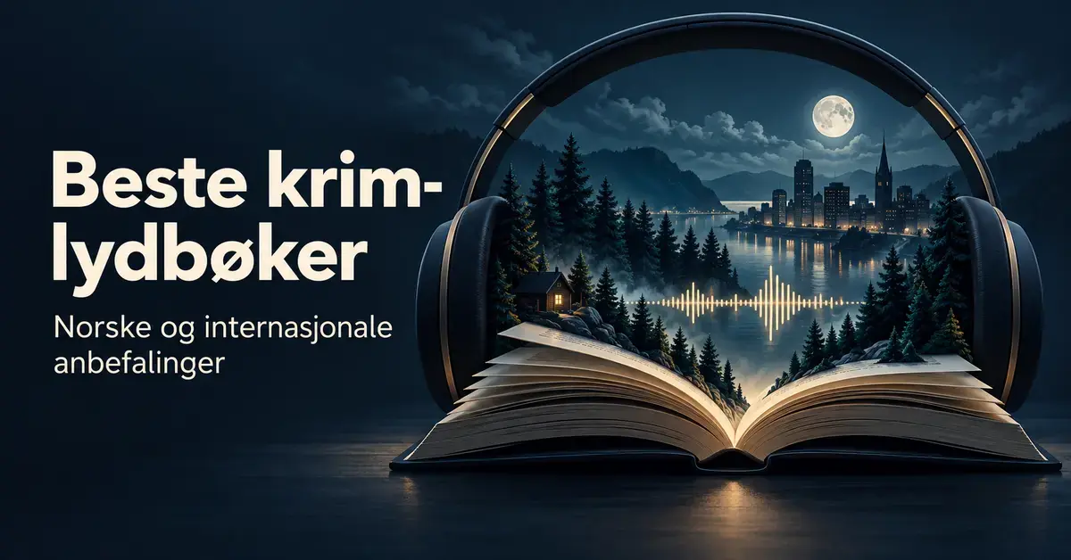 Hodetelefoner omkranser en åpen bok med et nattlandskap av skog og by, ved siden av teksten «Beste krim-lydbøker – Norske og internasjonale anbefalinger».