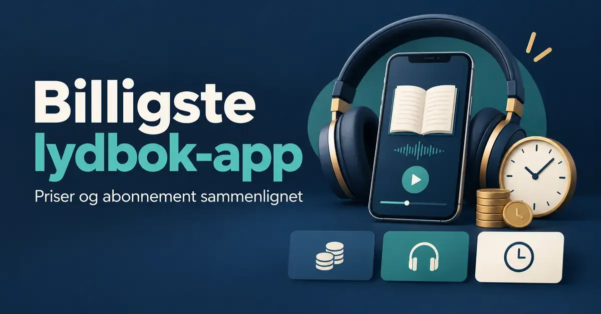 Hodetelefoner, en mobil med lydbok, mynter og en klokke illustrerer sammenligning av priser og abonnement for lydbok-apper.