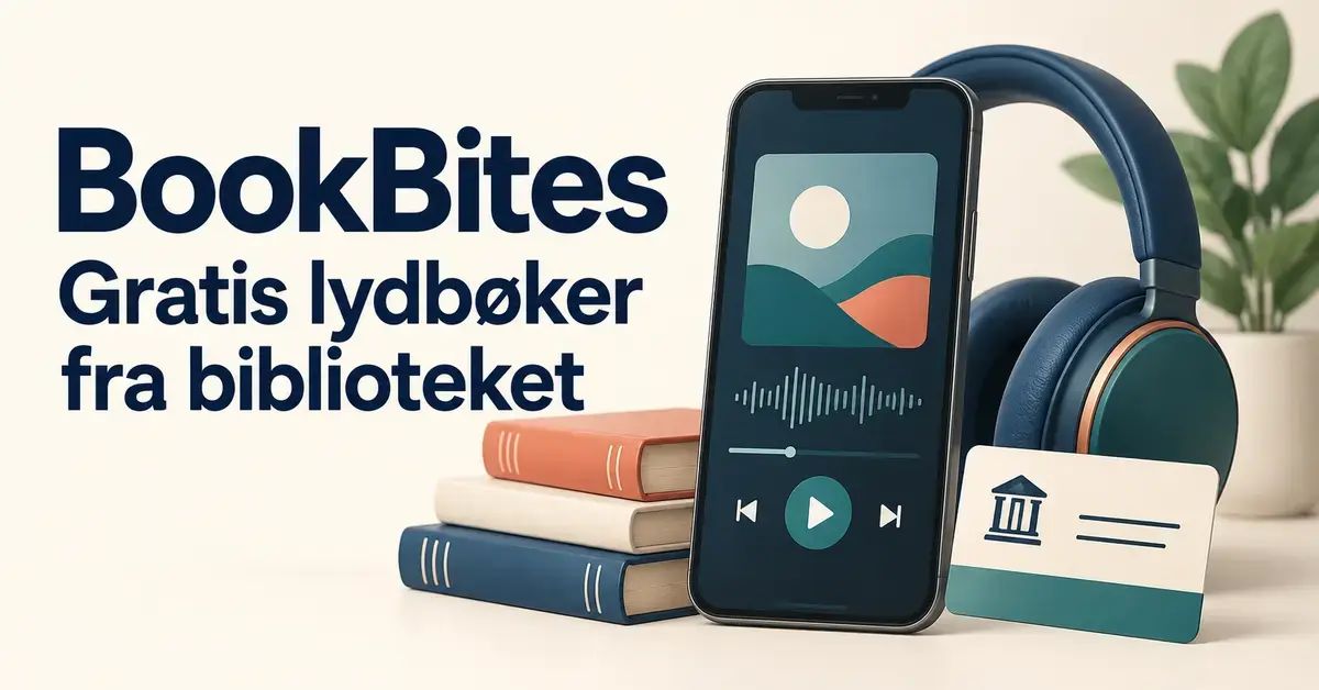 Mobil med lydbokspiller, hodetelefoner, bøker og lånekort ved siden av teksten «BookBites – Gratis lydbøker fra biblioteket».
