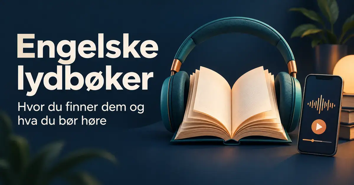 Hodetelefoner rundt en åpen bok ved siden av en mobil med lydbokspiller og teksten «Engelske lydbøker – Hvor du finner dem og hva du bør høre».