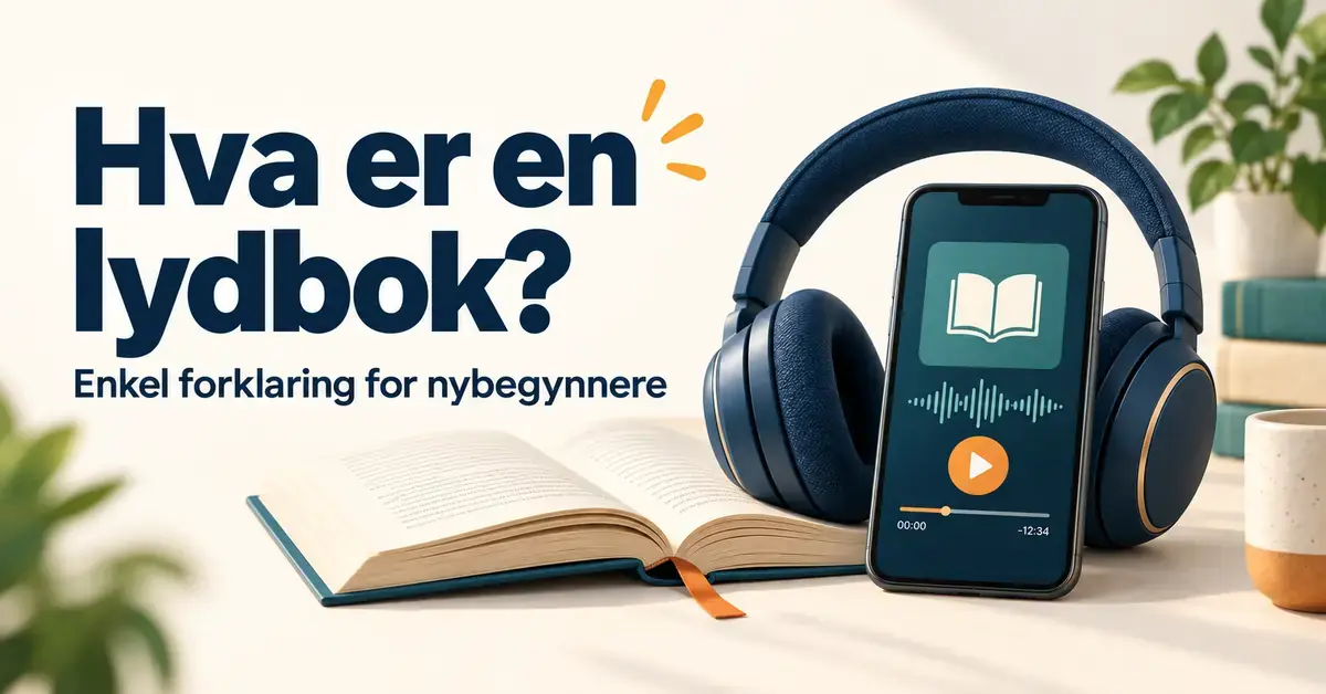 En åpen bok, hodetelefoner og en mobil med lydbokspiller illustrerer artikkelen «Hva er en lydbok? Enkel forklaring for nybegynnere».