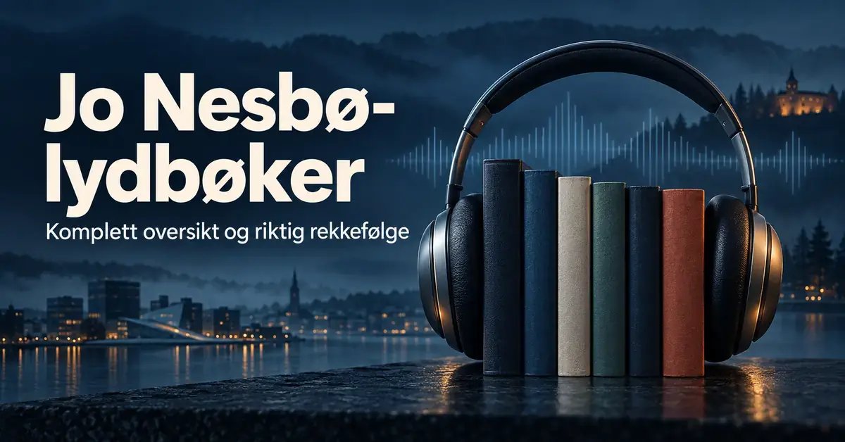 Hodetelefoner omkranser en rekke bøker foran et mørkt bylandskap, med teksten «Jo Nesbø-lydbøker – komplett oversikt og riktig rekkefølge».