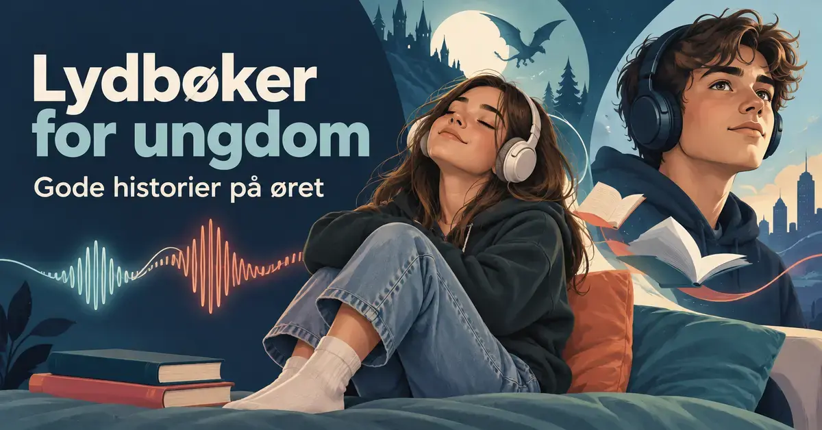 Illustrasjon av to ungdommer med hodetelefoner, omgitt av bøker, lydbølger og fantasiverdener, med teksten «Lydbøker for ungdom – Gode historier på øret».