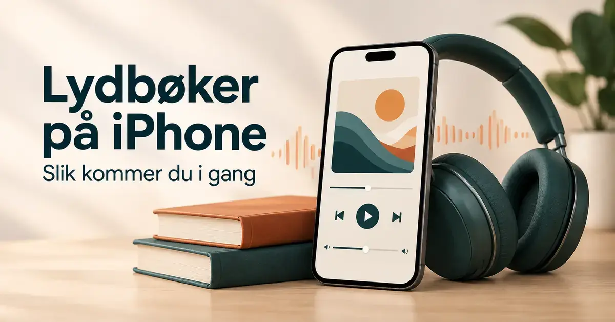 Illustrasjon av en iPhone med lydbokspiller, hodetelefoner og bøker ved siden av teksten «Lydbøker på iPhone – Slik kommer du i gang».