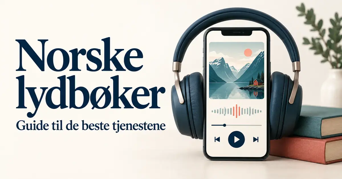 Hodetelefoner rundt en mobil med lydbokspiller og norsk fjordmotiv, ved siden av bøker og teksten «Norske lydbøker – Guide til de beste tjenestene».
