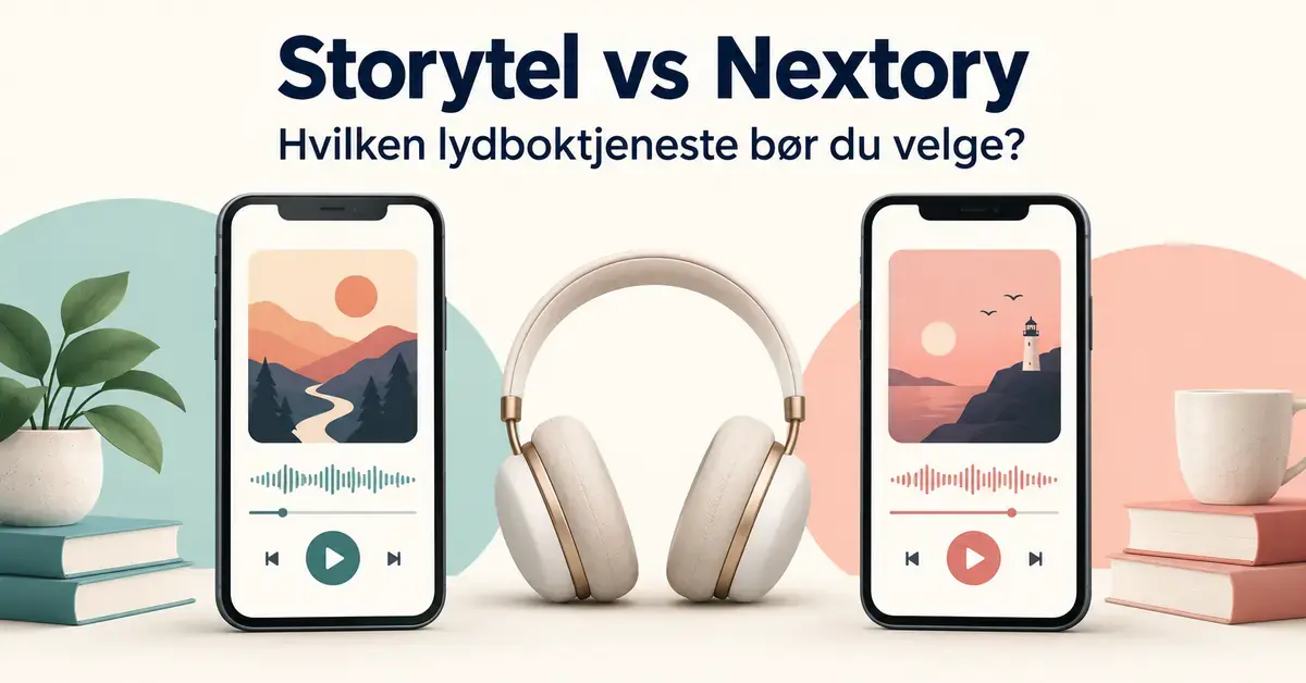 To mobiltelefoner med lydbokavspillere og hodetelefoner mellom seg illustrerer sammenligningen av Storytel og Nextory.
